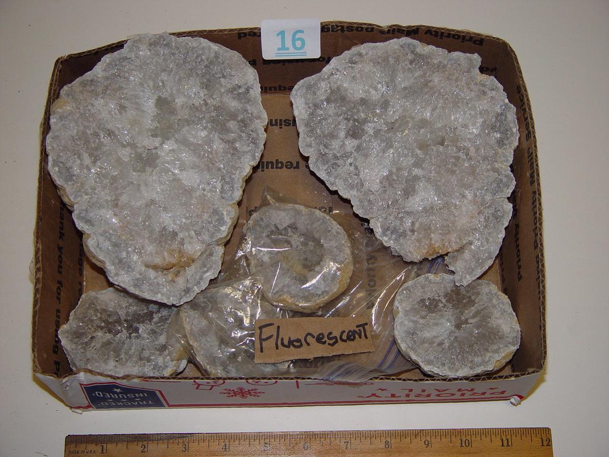 Geode lot. Geodes in bag are fluorescent