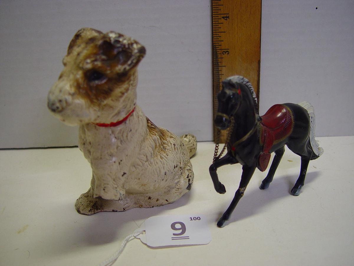 Cast iron 3 legged dog and die-cast horse