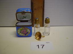 Hand painted porcelain perfume set with funnel 1 ¾ “ 3 pics