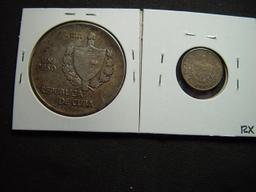 Pair of Silver Cuban Coins: 1920 Ten Centavos & 1935 Peso