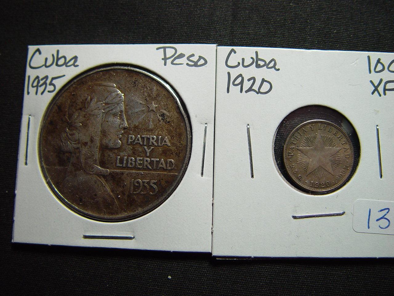 Pair of Silver Cuban Coins: 1920 Ten Centavos & 1935 Peso