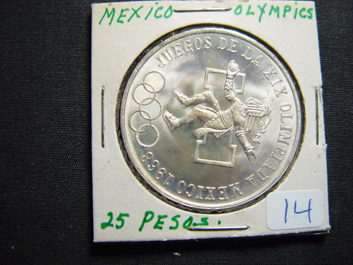 Silver 1968 BU Mexico City Olympics 25 Pesos