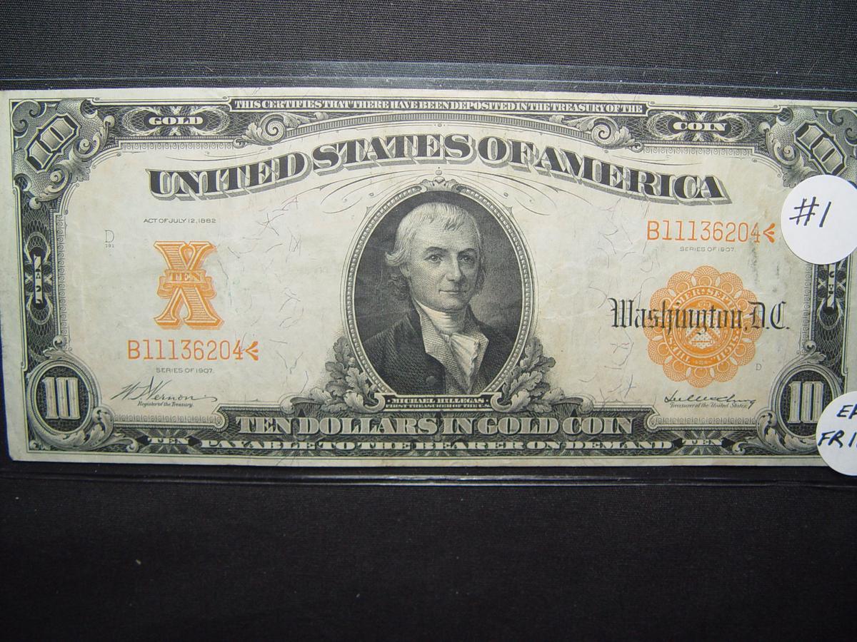 1907 $10 Gold Certificate - EF - FR #1168
