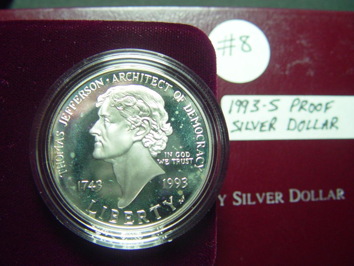 1993-S Silver Proof Dollar Thomas Jefferson 250th Anniversary Commemorative w/ COA
