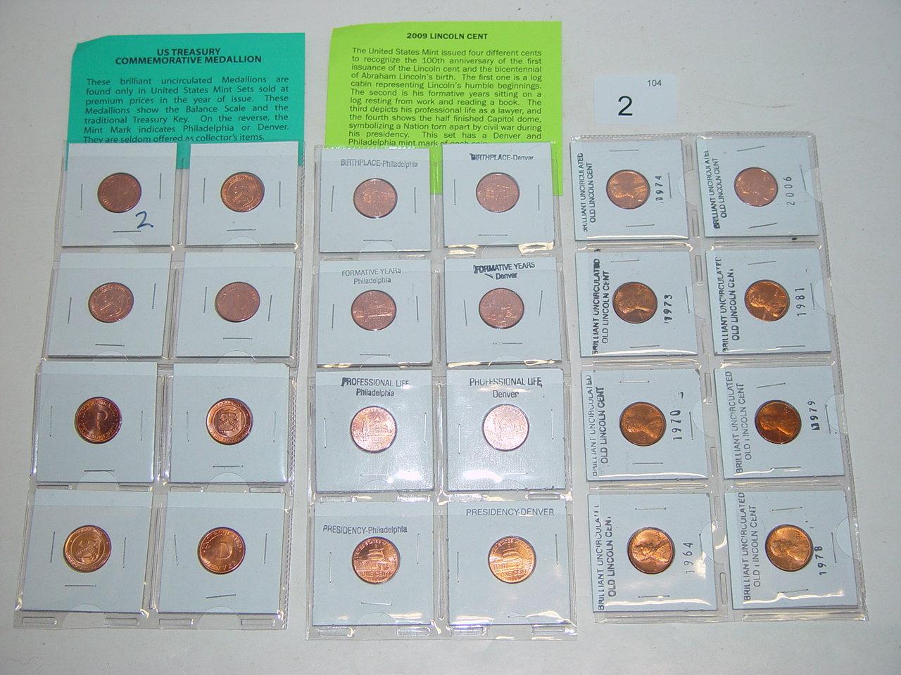 8 2009 Lincoln cents, 8 uncirculated mint medallions, 8 uncirculated Lincoln cents 2 pics