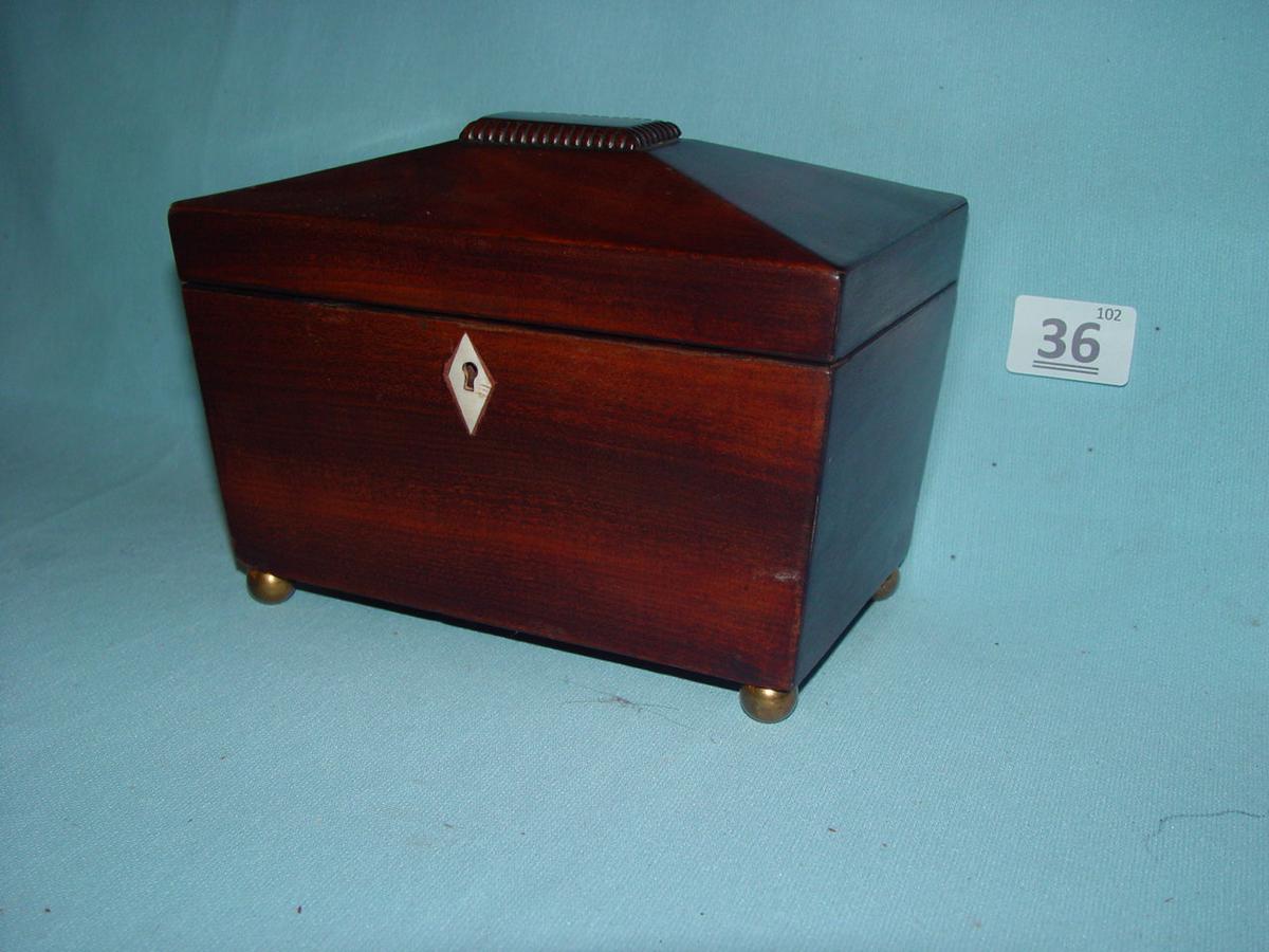 Tea Caddy, Brass Bun Feet, Ivory Key Escutcheon Lids Inside