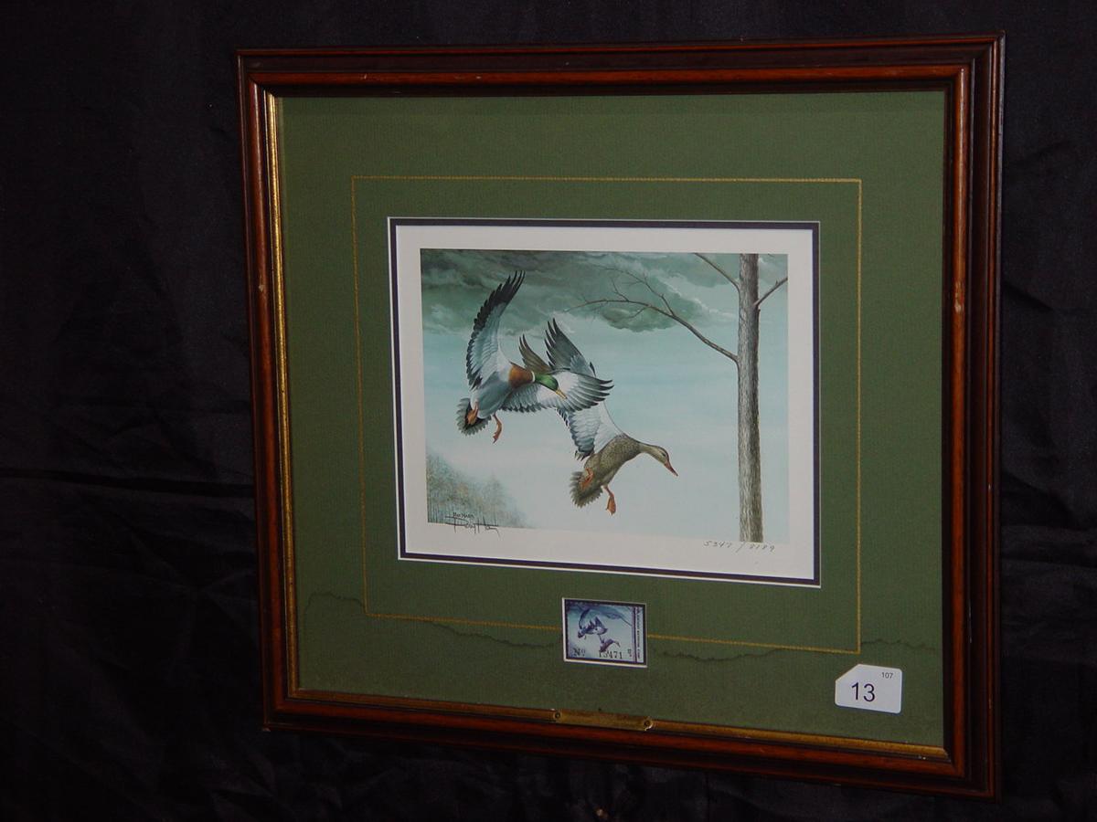 Framed and matted 1985 Ducks Unlimited Kentucky Mallards stamp signed by Ray Harm 18x16