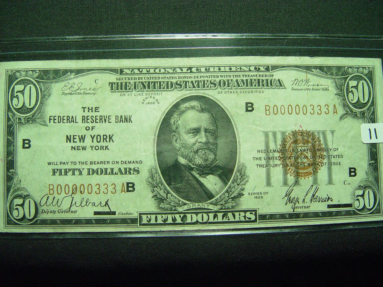 1929 $50 Federal Reserve Bank of New York   Low serial #00000333