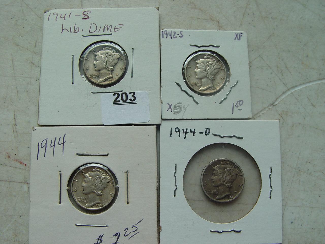 (4) Mercury Dimes: 1941-s, 42-s, 44-d