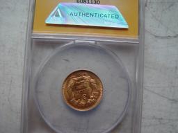 1878 $ 3 Gold Piece, Slabbed, AU 58, Pinpoint
