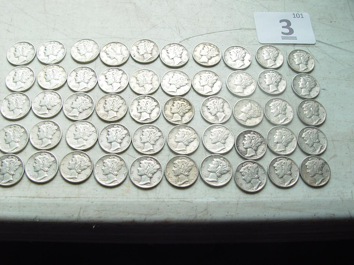 $ 5.00 In Face, All 90% Silver Dimes, 1940's