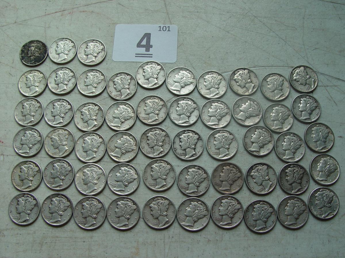 $ 5.30 In Face, All 90% Silver Dimes. 1940's