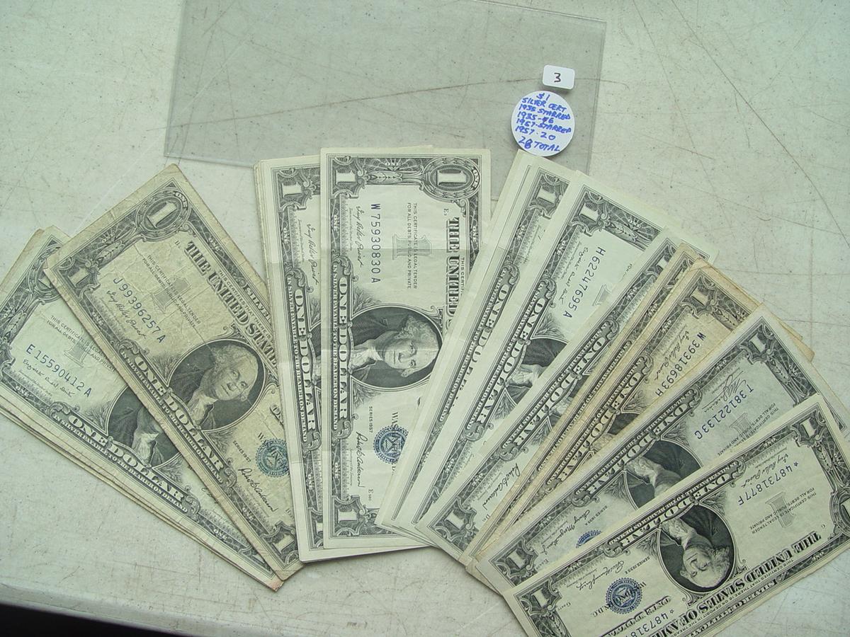 $1 Silver Certificate - 28 Total - 1935 Starred (1), 1935 (6), 1957 Starred (1), 1957 (20)