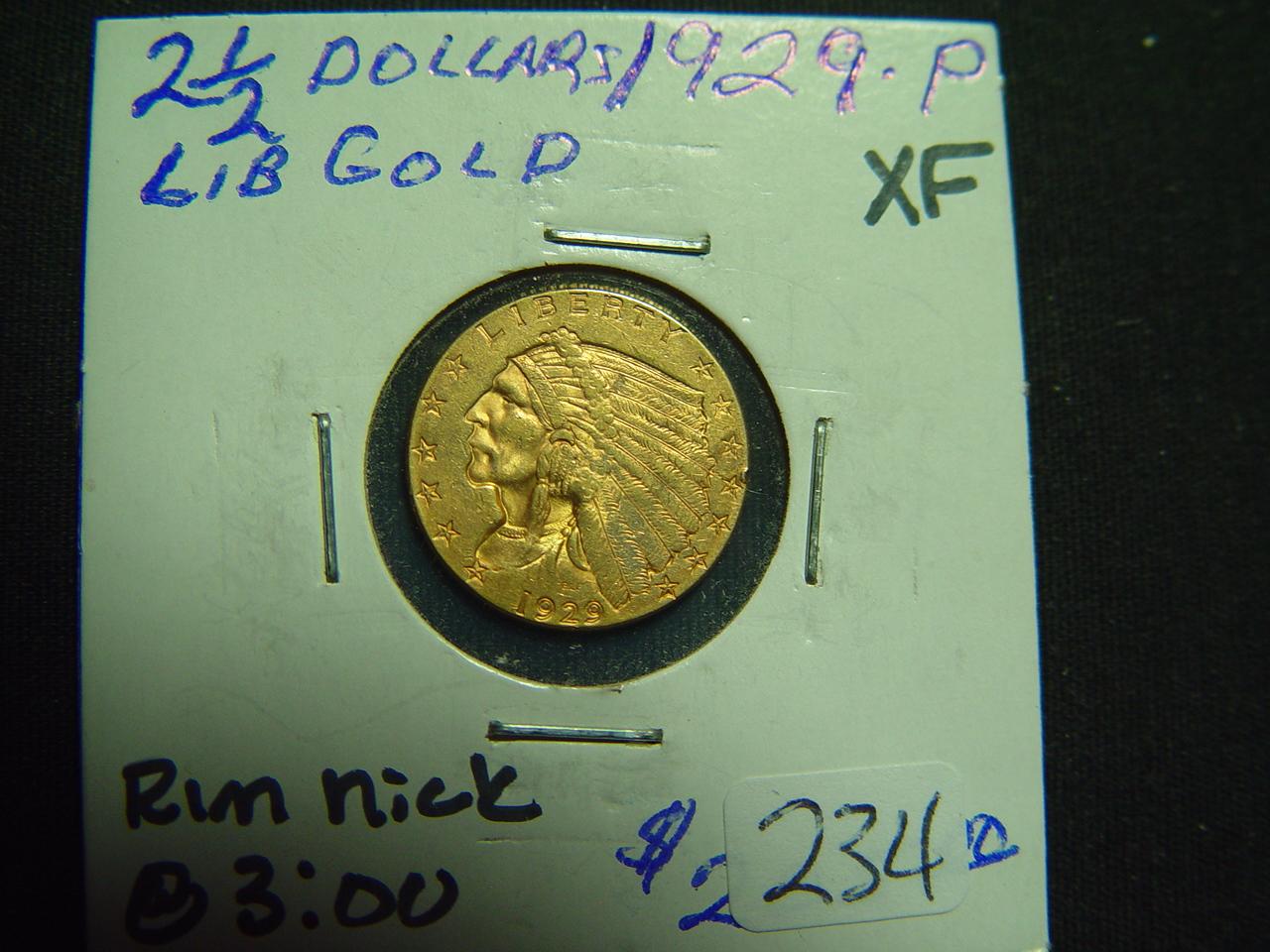 1929 $2.5 Gold Indian   XF w/small rim nick at 3:00