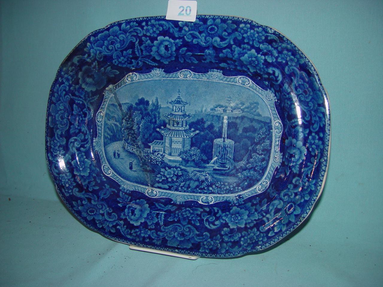 Early 15" Flow Blue , Platter, Proficiently Repaired