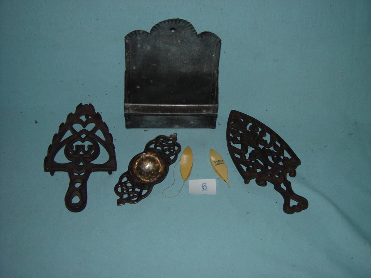 Iron Trivets, Tin Wall Box, Bone Ivory Shuttles