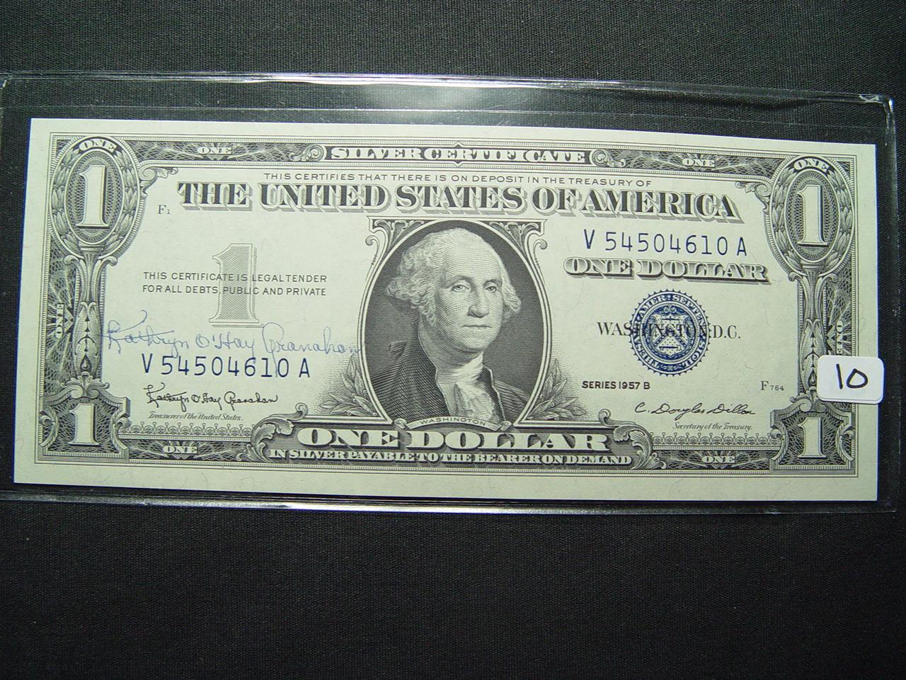 Crisp Unc. 1957-B Treasurer Autographed $1 Silver Certificate