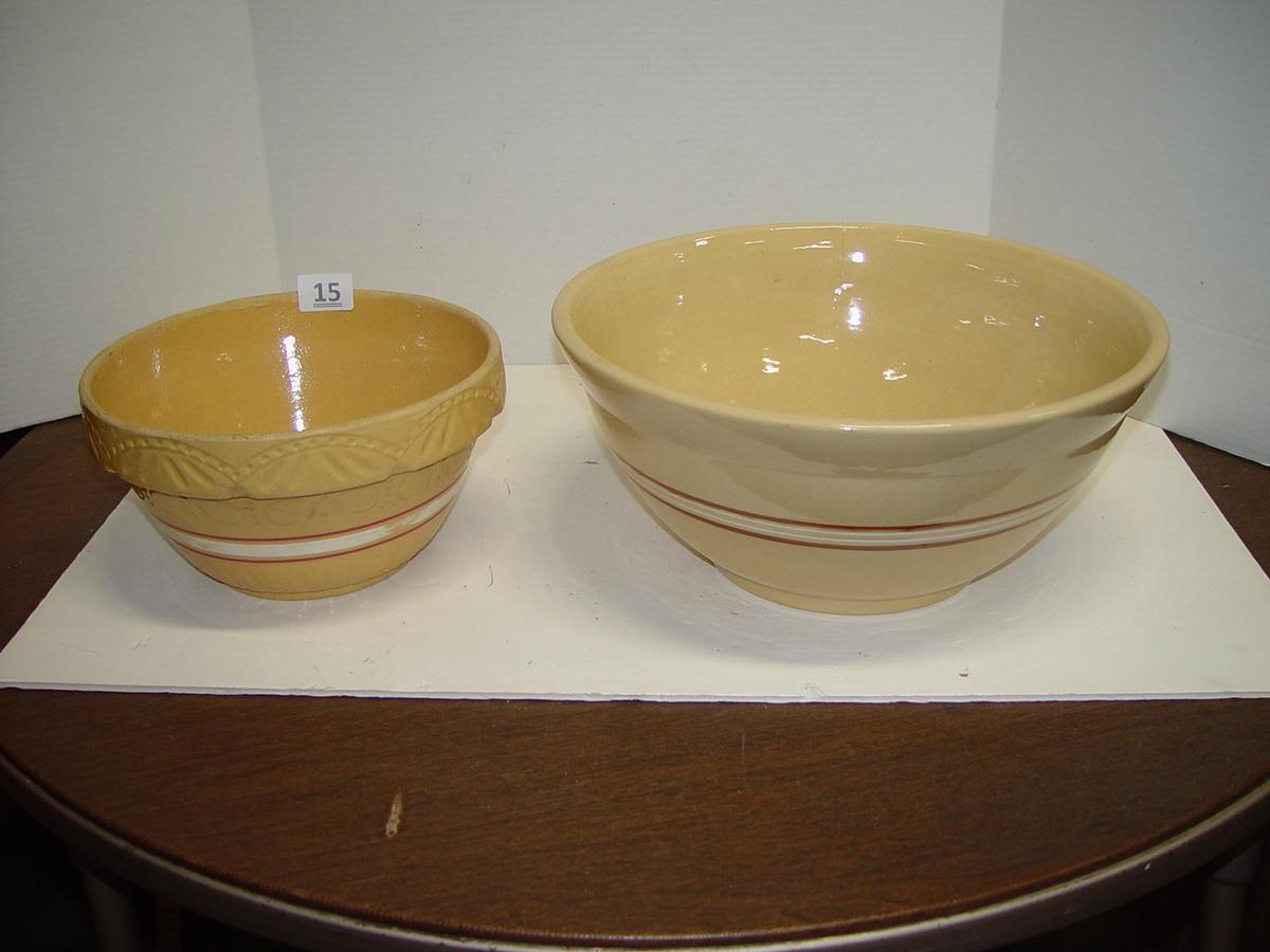 2 Yellow Ware Bowls, One Roseville 5.5"D x 10"D &