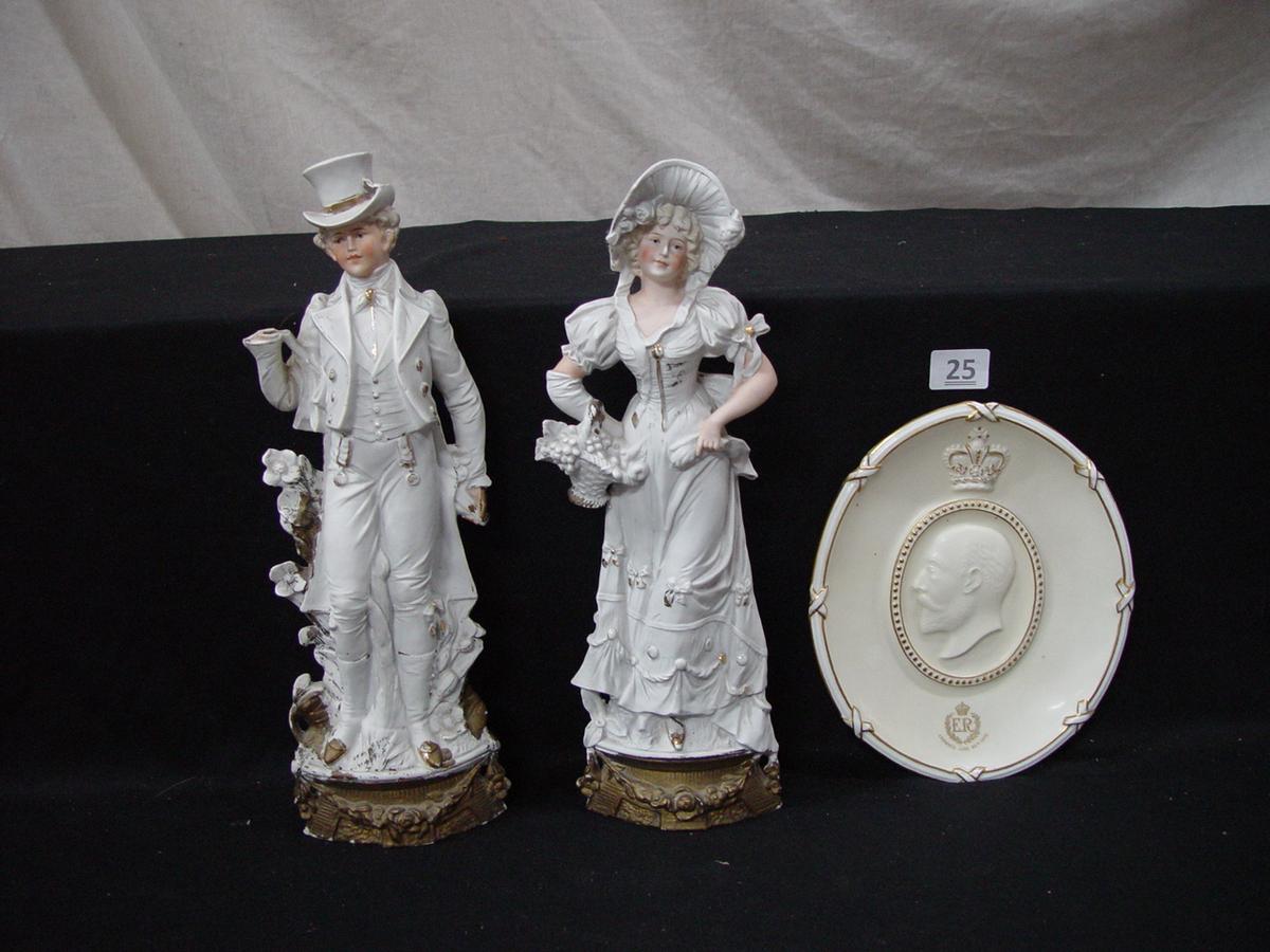2 Tall Bisque Figures 16"T as is, w/English Plate 10"L x 8"W