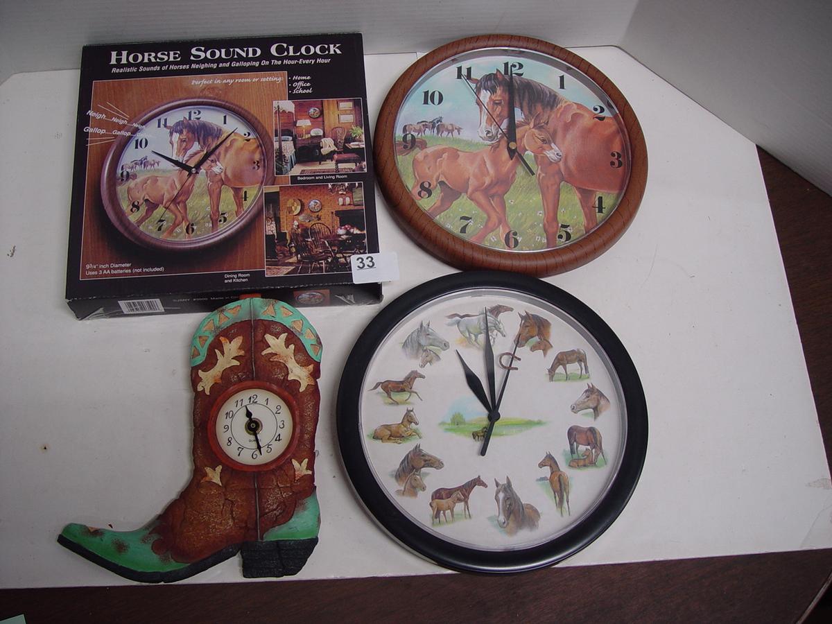 3 Clocks, 1 Boot, 9"T, 1 Horse, 9 3/4 dia, & 1 Horse Sound Clock in
