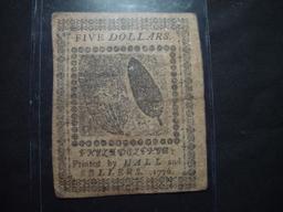 1776  Continental Currency $5 Note