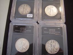 Four 50 Cent Walking Libertys 1937-D, 1937-S, 1938 & 1938