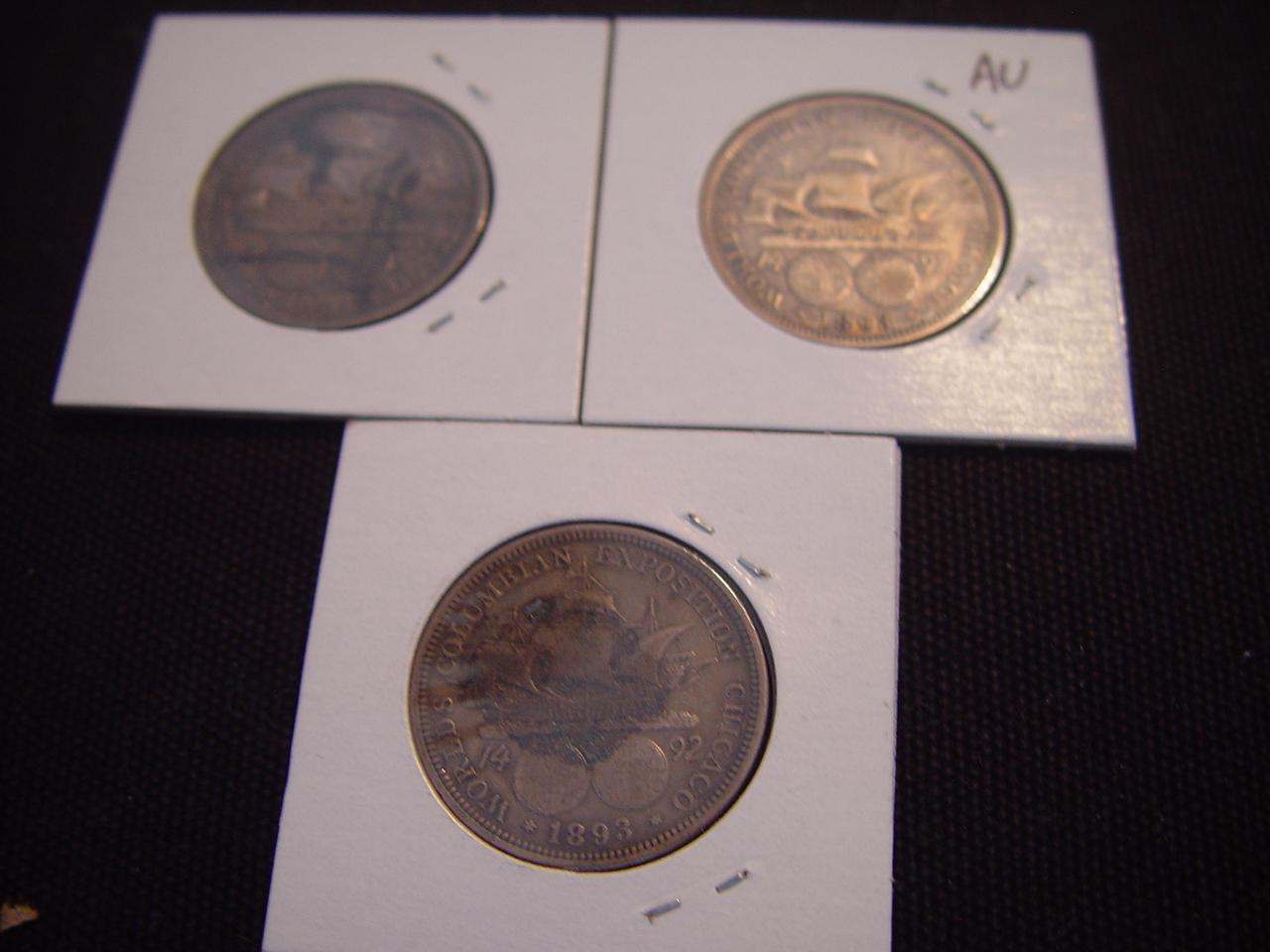 50 Cent Columbian Commemorative 3 Total 1892 Unc Spots, 1893 AU, 1893 EF Glue Residue on Reverse