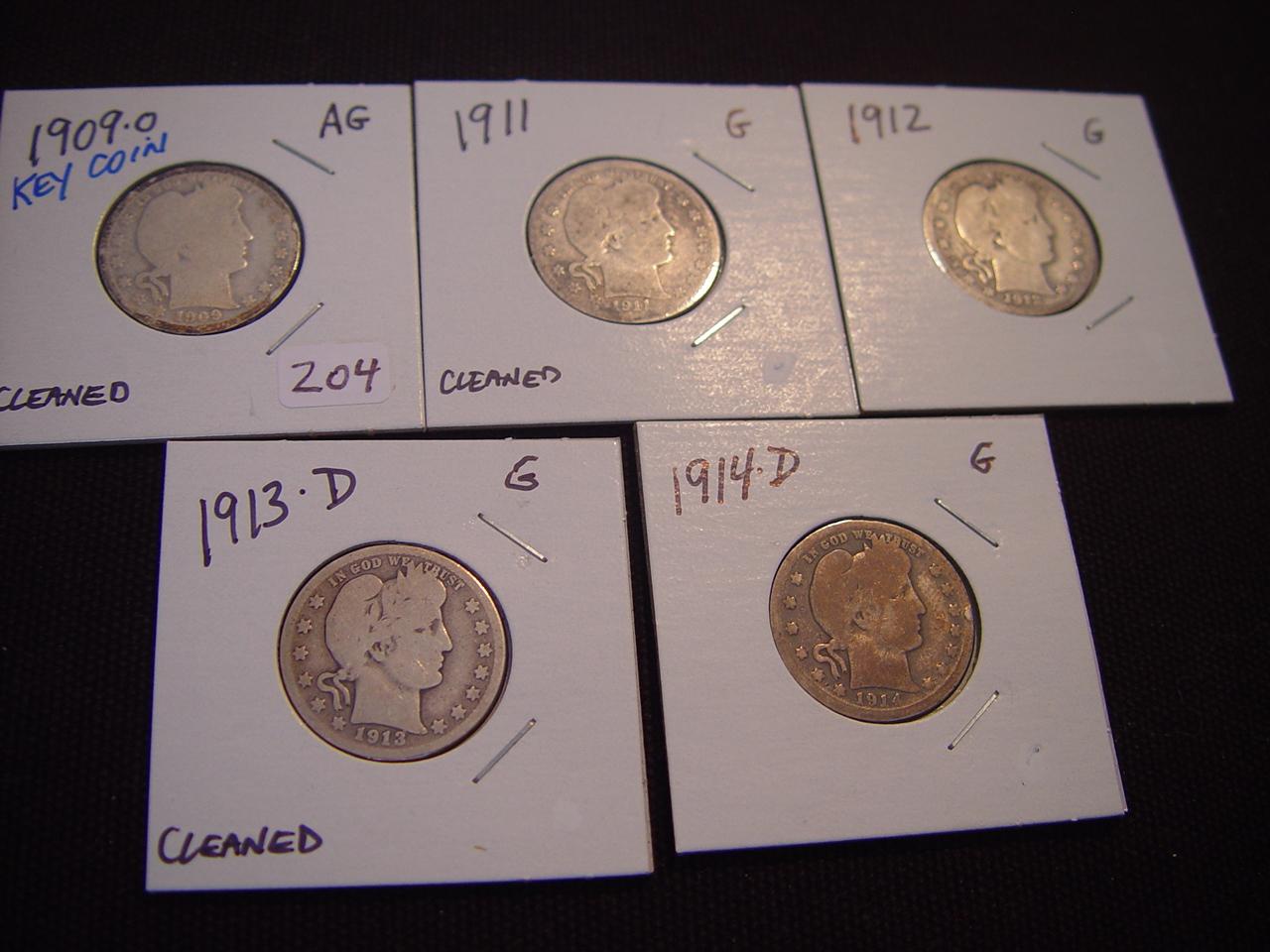 25 Cent Barbers 5 Total; 1909-O AG Cleaned, 1911 G Cleaned, 1912 G, 1913-D G Cleaned & 1914-D G