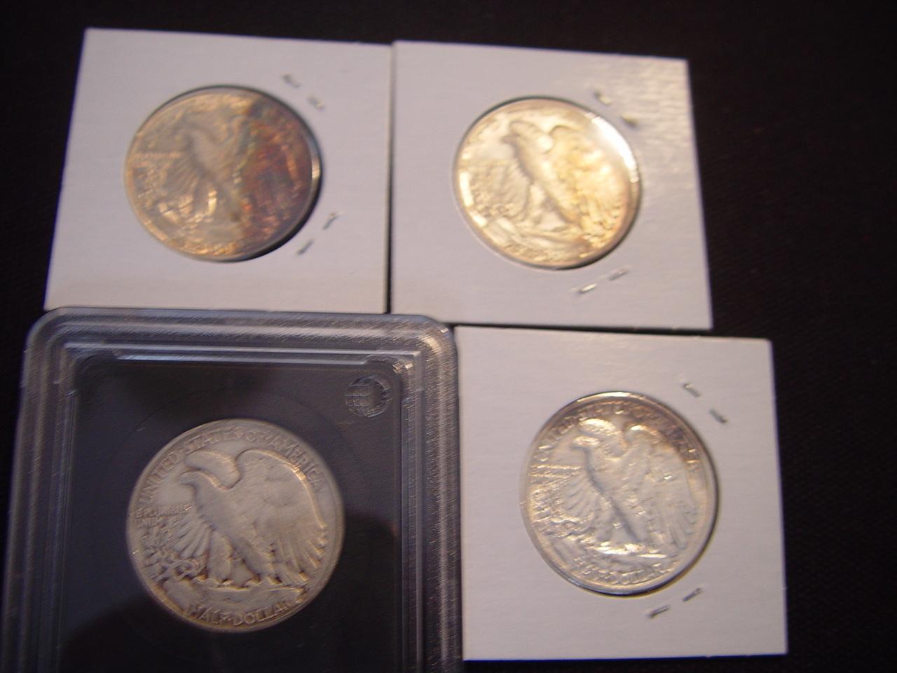 50 Cent Walking Liberty -- 4 Total; 1934-D VF, 1942-S VF, 1944-D XF Toning & 1945-S XF Toning