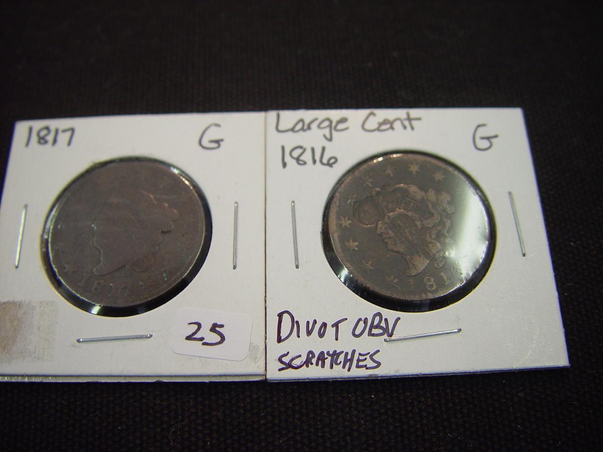Two Large Cents 1816 G Divot/Scratches OBV 1817 G