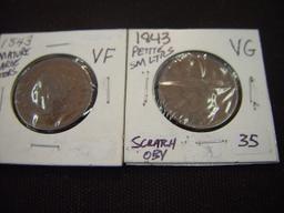 Two Large Cents 1843 Petite Head Scratch Obverse Small letters VG & 1843 Mature Head VF