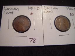 Two Lincoln Cents 1911-D & 1912-D AG