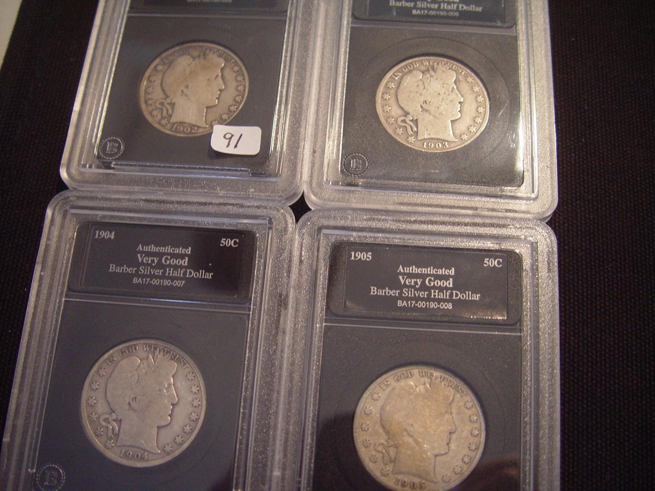 Four Barber Halves 1902, 1903-O, 1904 & 1905-S