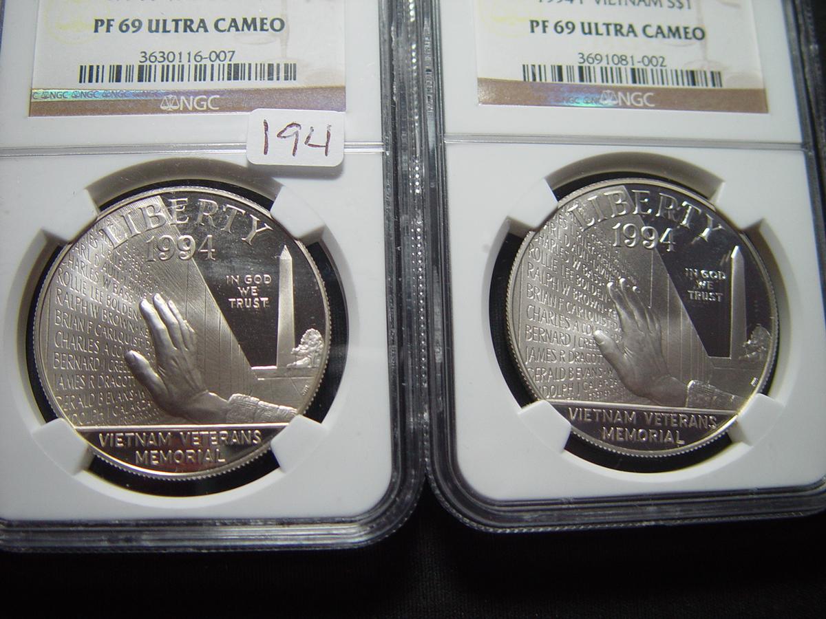 Two 1994 Vietnam Veterans Memorial Commem. Silver Dollars   NGC PR69 Ultra Cameo
