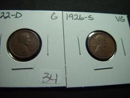 Pair of Semi-key Lincoln Cents: 1922-D  Good & 1926-S  VG