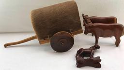 Carved and Leather Peruvian Carved Ox Cart with Wood Carved Horse Figure