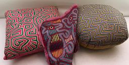 (2) Panamanian Mola Pillows with (1) Mola Pillow Panel