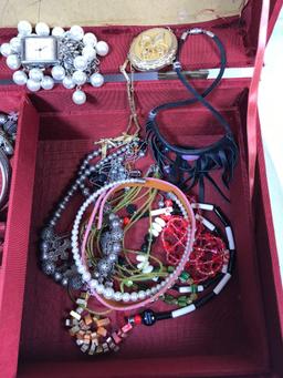 Assorted Costume Jewelry with Fabric Covered Jewelry Chest