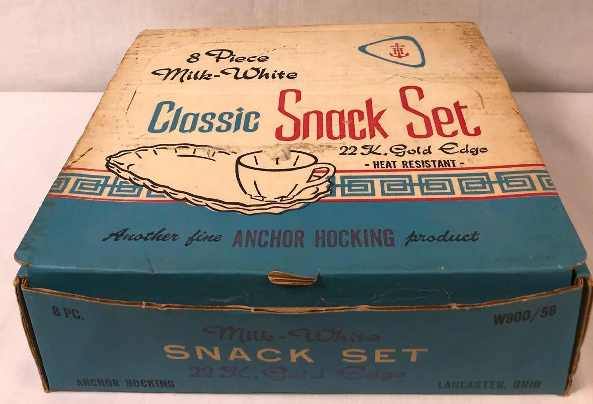 Vintage Anchor Hocking Milk Glass with 22k Gold Trim Snack Set with Original Box