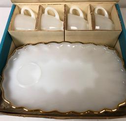 Vintage Anchor Hocking Milk Glass with 22k Gold Trim Snack Set with Original Box
