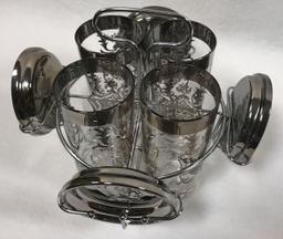 Set of 4 Mid-century Kimiko Silver "Guardian" Tumblers and Coasters in Caddy