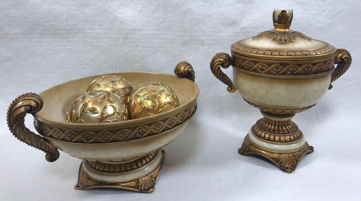 Grecian-Motif Decorative Resin Covered Urn, Bowl and (3) Decorator Balls