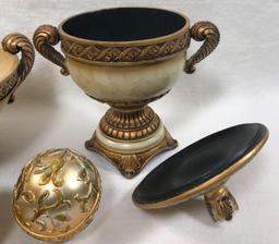 Grecian-Motif Decorative Resin Covered Urn, Bowl and (3) Decorator Balls