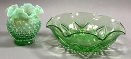 Fenton Hobnail Opalescent Glass Ruffled Vase & Anchor Hocking Bowl