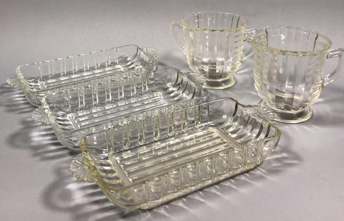 (3) Clear Depression Glass Relish Trays plus Cream & Sugar