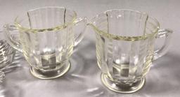 (3) Clear Depression Glass Relish Trays plus Cream & Sugar