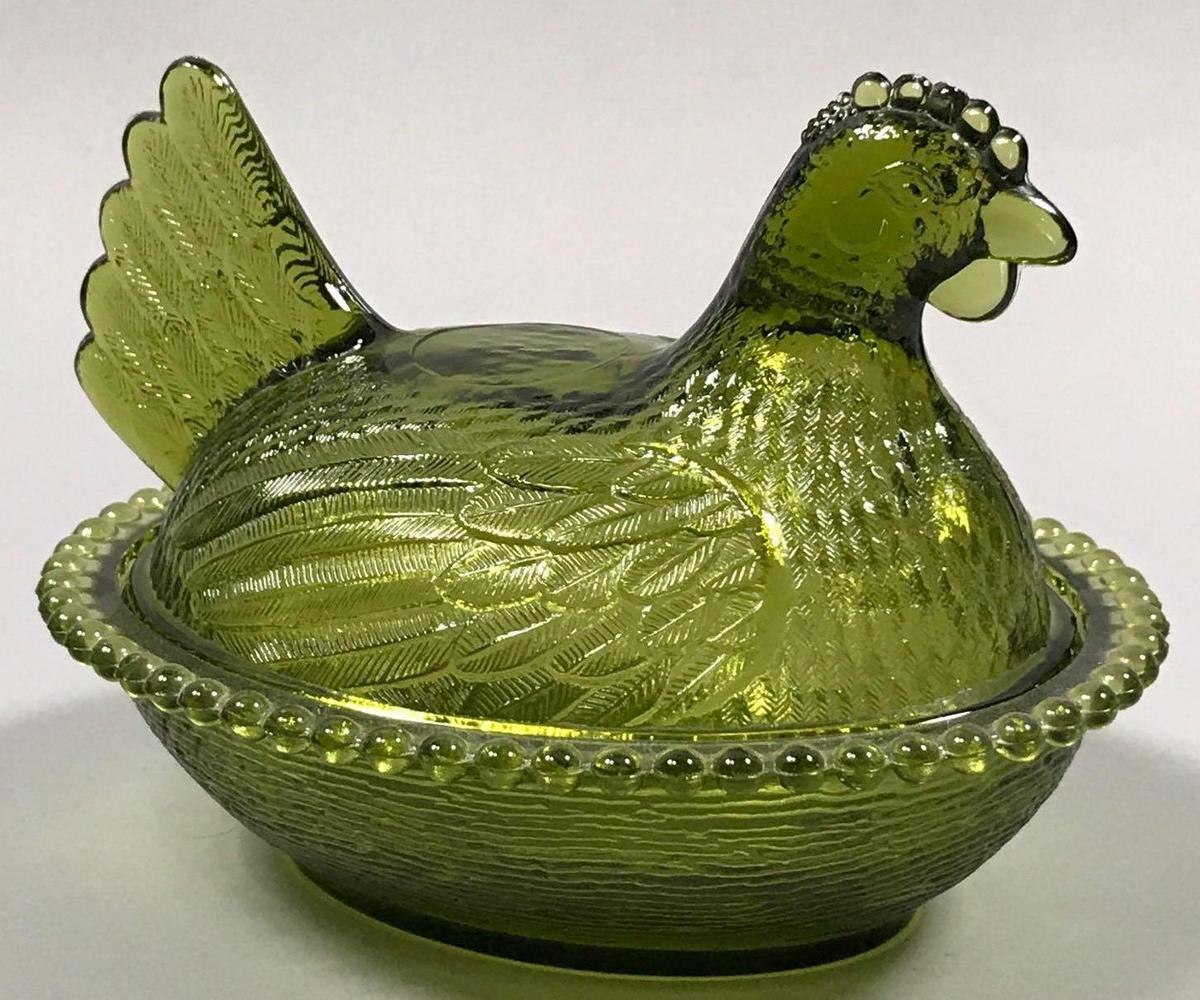 Green Indiana Glass Hen on Nest