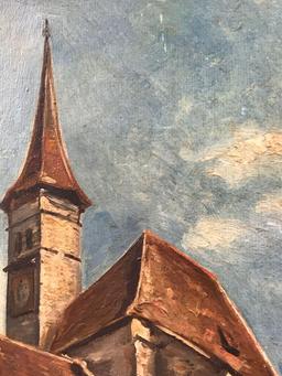 Antique French Painting Depicting the Interlaken Monastery