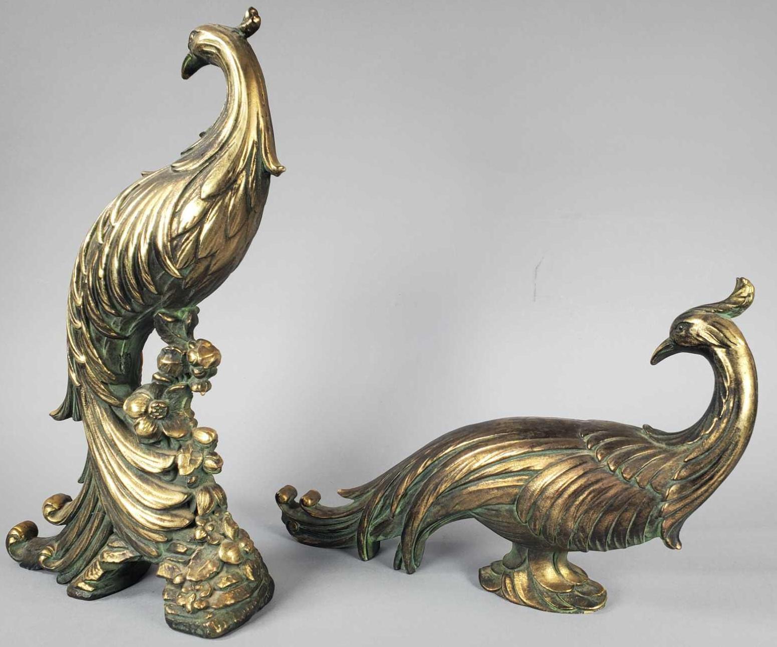 Pair of Pheasant Figurines & Small Decorative Brass Fan w/Stand