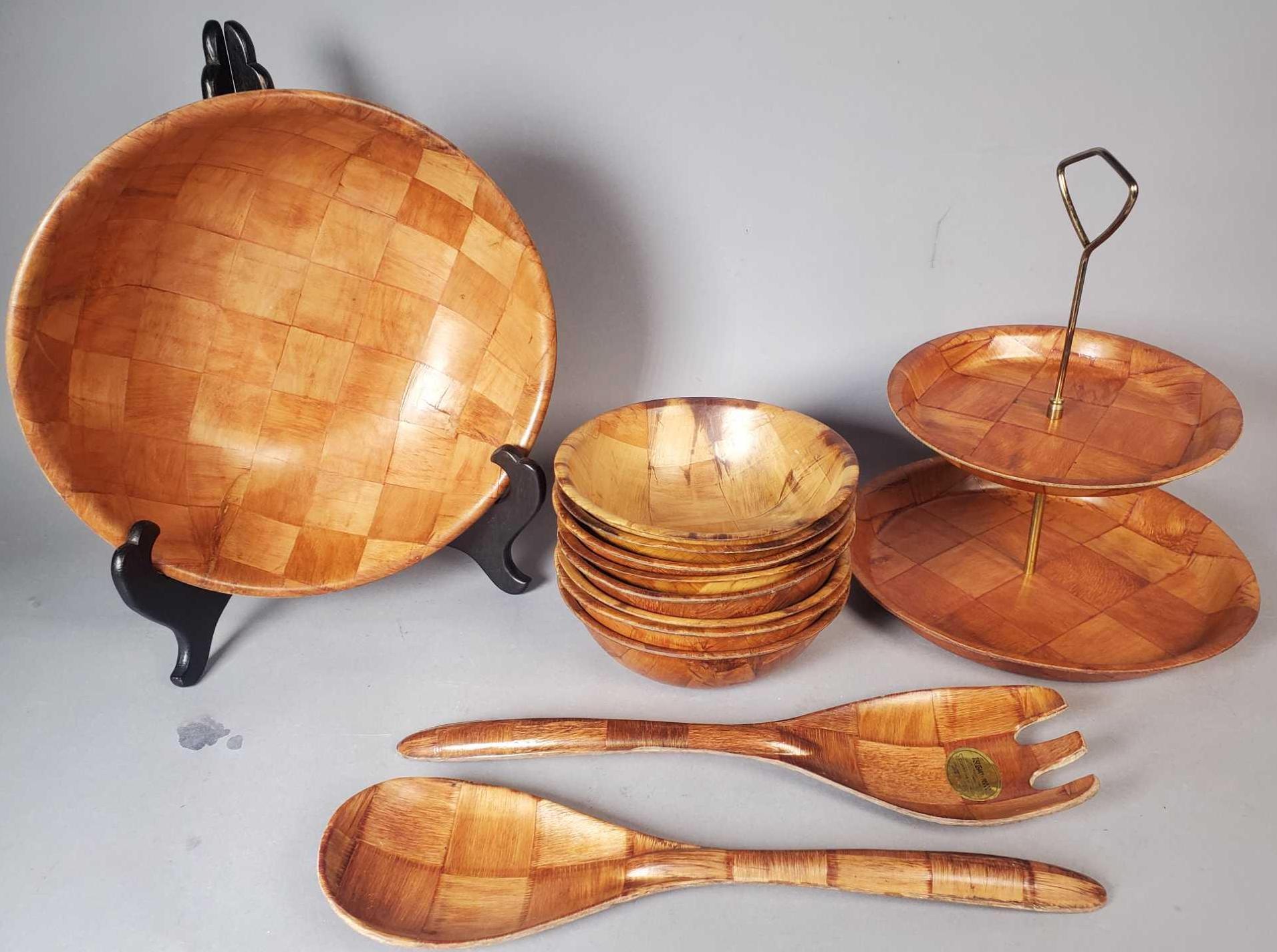Wood Salad Bowl Set, Tiered Tray, (2) Decorative Bamboo Plates and more